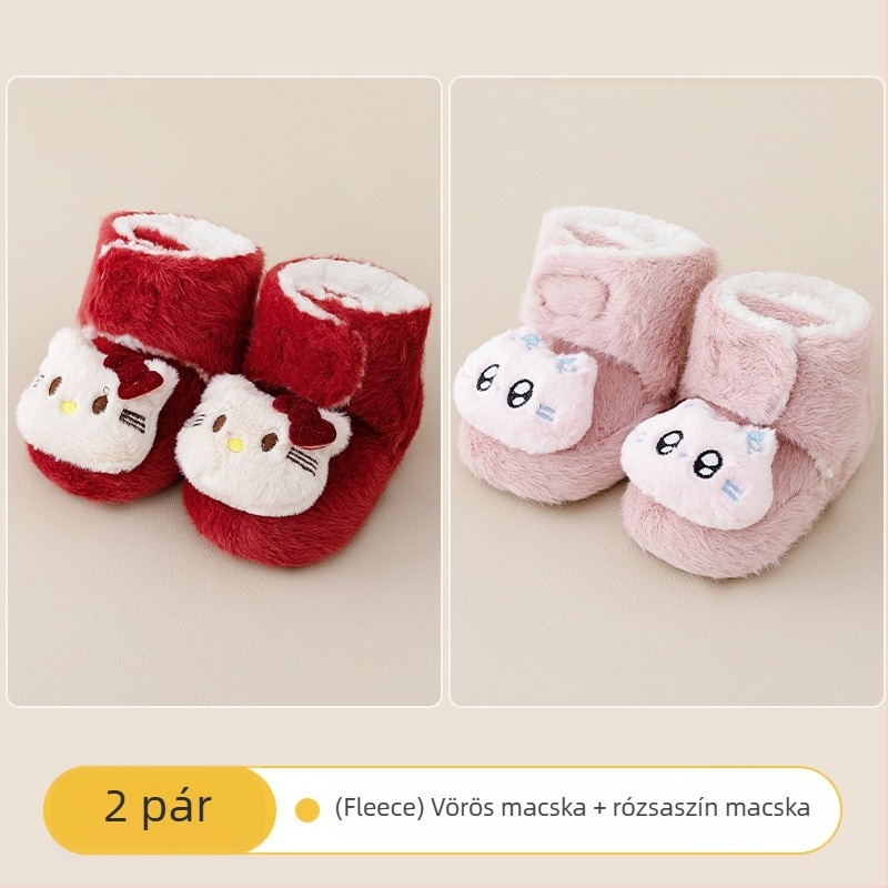 Baba beltéri cipő Velcro zárással, vászon felsőrész, vastag velúr bélés, csúszásmentes talp, 0–36 hónapos kor számára