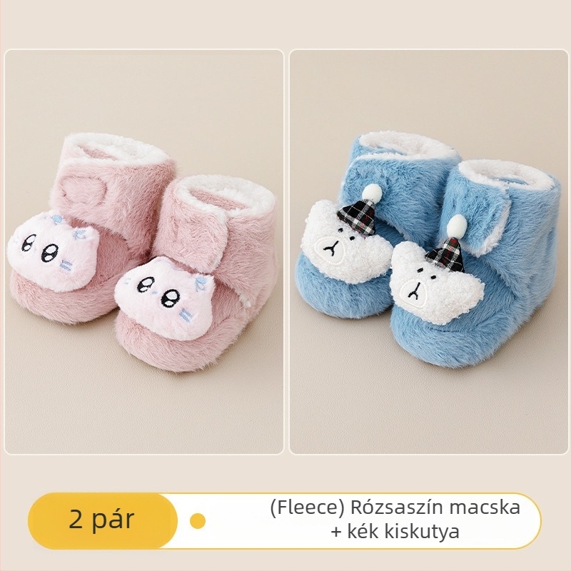 Baba beltéri cipő Velcro zárással, vászon felsőrész, vastag velúr bélés, csúszásmentes talp, 0–36 hónapos kor számára