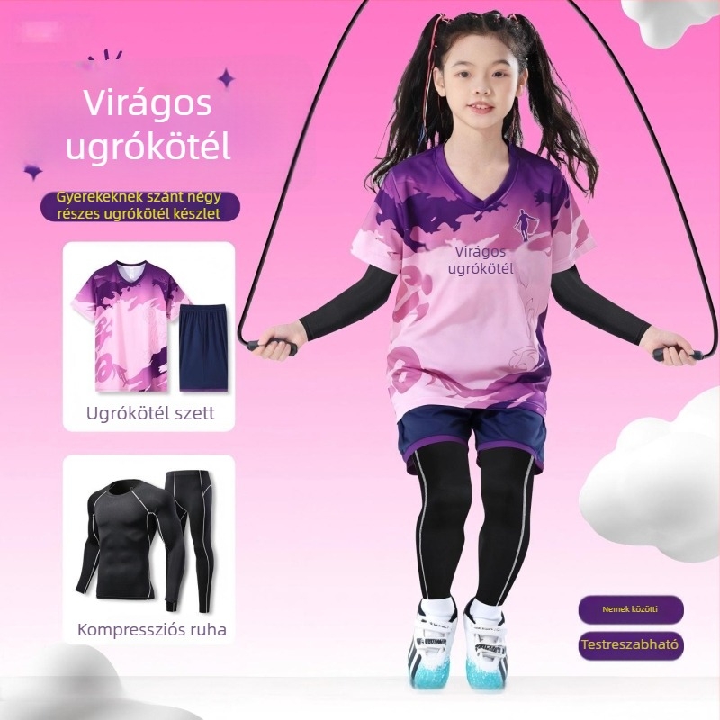 Gyerekeknek szóló ugrókötél edzőruha szett, kamufláž mintázat, négy évszak, hosszú ujjú, kerek nyak, gyorsan száradó