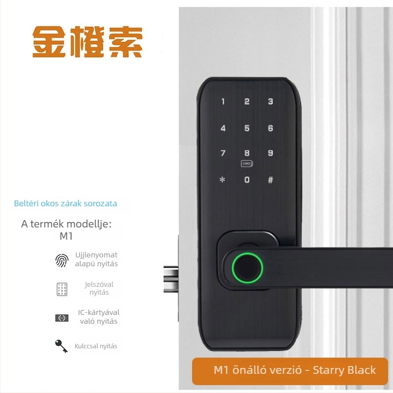 Okos ujjlenyomat-ajtózár belsőfa ajtókhoz – modell M1, ujjlenyomat-tárolás 100, beolvasási idő <0,01 s, működési hőmérséklet -20°C és 60°C között, élettartam 500 000 ciklus