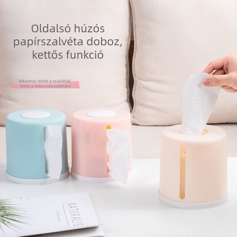 Kerek asztali papírzsebkendő-tartó tekercses papírtartó — PP anyag, többfunkciós, modern letisztult stílus, alkalmas nappalira és fürdőszobára