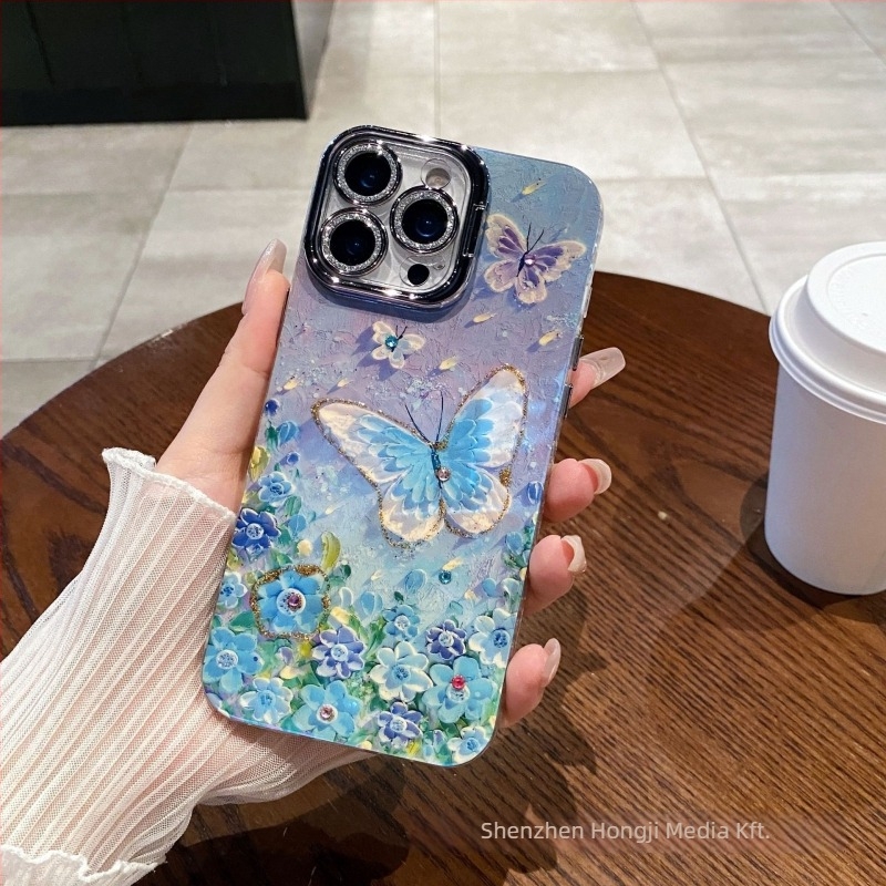 Rhinestone köves olajfestmény virág mintás telefonTok Apple iPhone-hoz, anyaga akril+TPU, objektív tartó és ütésálló védelem