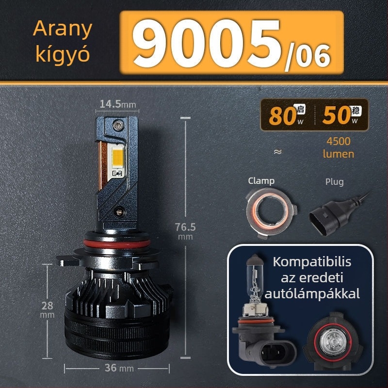 LED autófényszórók, alacsony fényszóró, kompatibilis H1/4/7/11/9005/9012, 12V, 80–90W