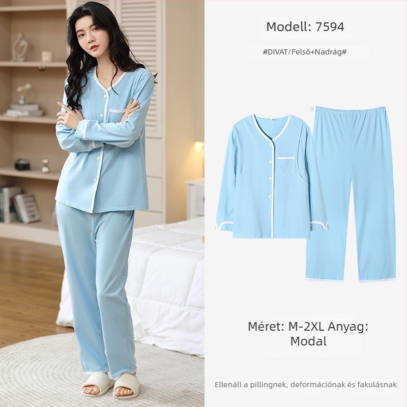 Terhes nők számára készült modal pizsama kardigán stílussal, hosszú ujjú, V-nyakú, lélegző otthoni viselet