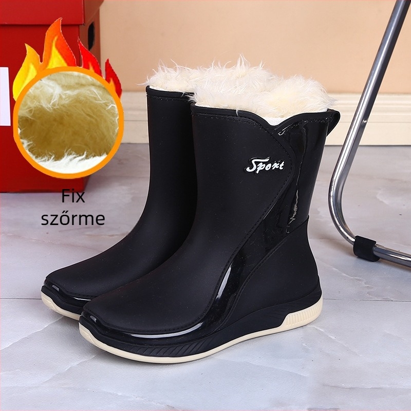 Női esőcsizmák PVC felsőrésszel, középső szármagasság, lapos sarka, slip-on