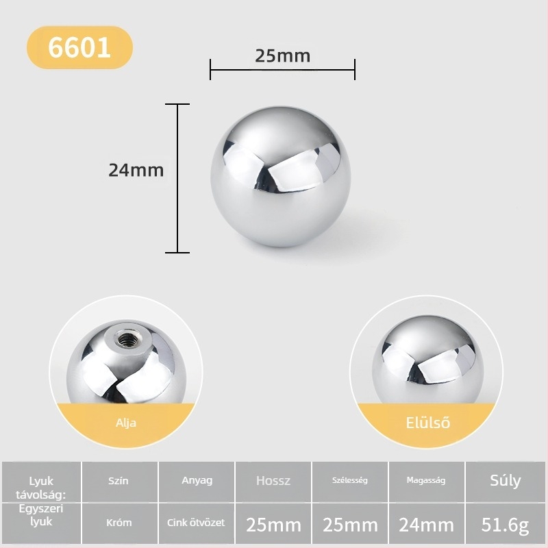 Szekrényajtó fogantyú — gömb alakú, cinkötvözetből, olasz minimalista stílus, felületre szerelhető, egylyukú modell