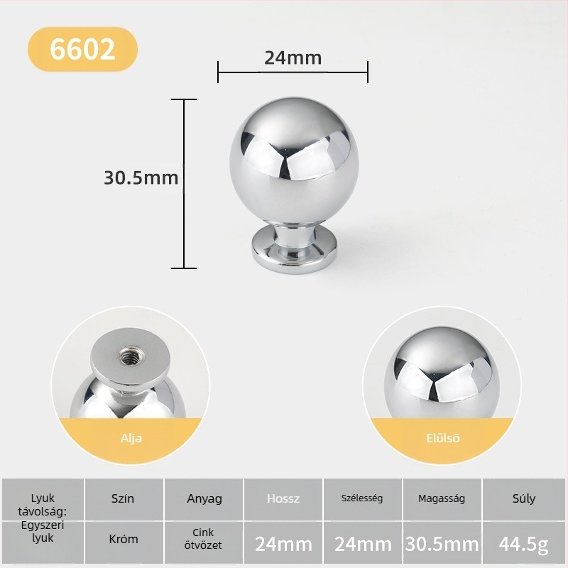 Szekrényajtó fogantyú — gömb alakú, cinkötvözetből, olasz minimalista stílus, felületre szerelhető, egylyukú modell