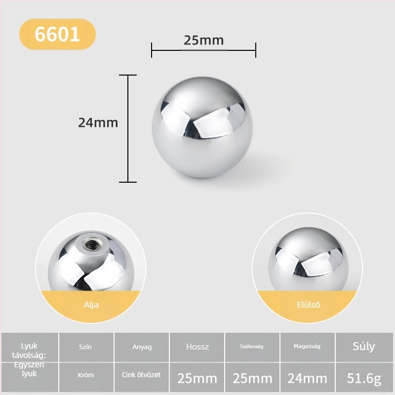Szekrényajtó fogantyú — gömb alakú, cinkötvözetből, olasz minimalista stílus, felületre szerelhető, egylyukú modell