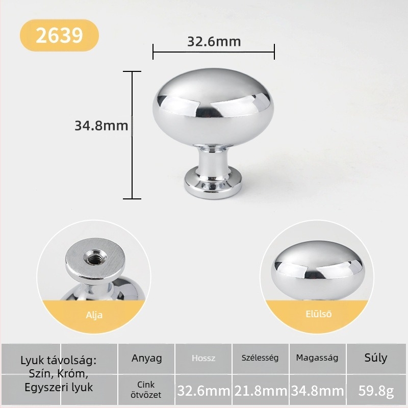 Szekrényajtó fogantyú — gömb alakú, cinkötvözetből, olasz minimalista stílus, felületre szerelhető, egylyukú modell