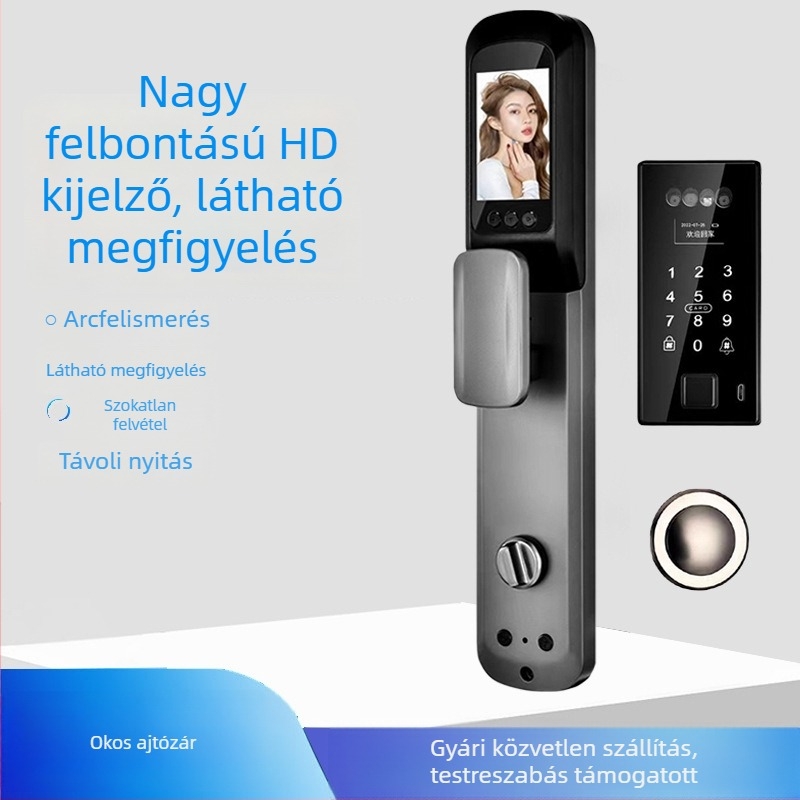 Intelligens biometrikus ajtózár arcfelismeréssel és ujjlenyomat-olvasóval, vízálló, távoli feloldás, ujjlenyomat-tárolás 100, >100000 feloldás, szkennelési idő <0.5 s, hamis felismerés <0.001%, DC tápegység