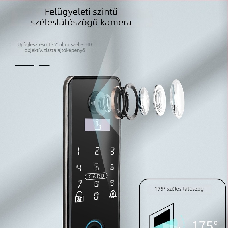 Intelligens biometrikus ajtózár arcfelismeréssel és ujjlenyomat-olvasóval, vízálló, távoli feloldás, ujjlenyomat-tárolás 100, >100000 feloldás, szkennelési idő <0.5 s, hamis felismerés <0.001%, DC tápegység