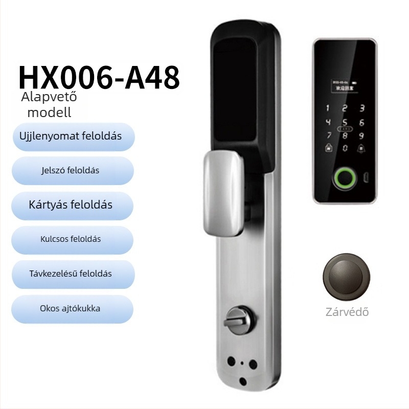 Intelligens biometrikus ajtózár arcfelismeréssel és ujjlenyomat-olvasóval, vízálló, távoli feloldás, ujjlenyomat-tárolás 100, >100000 feloldás, szkennelési idő <0.5 s, hamis felismerés <0.001%, DC tápegység