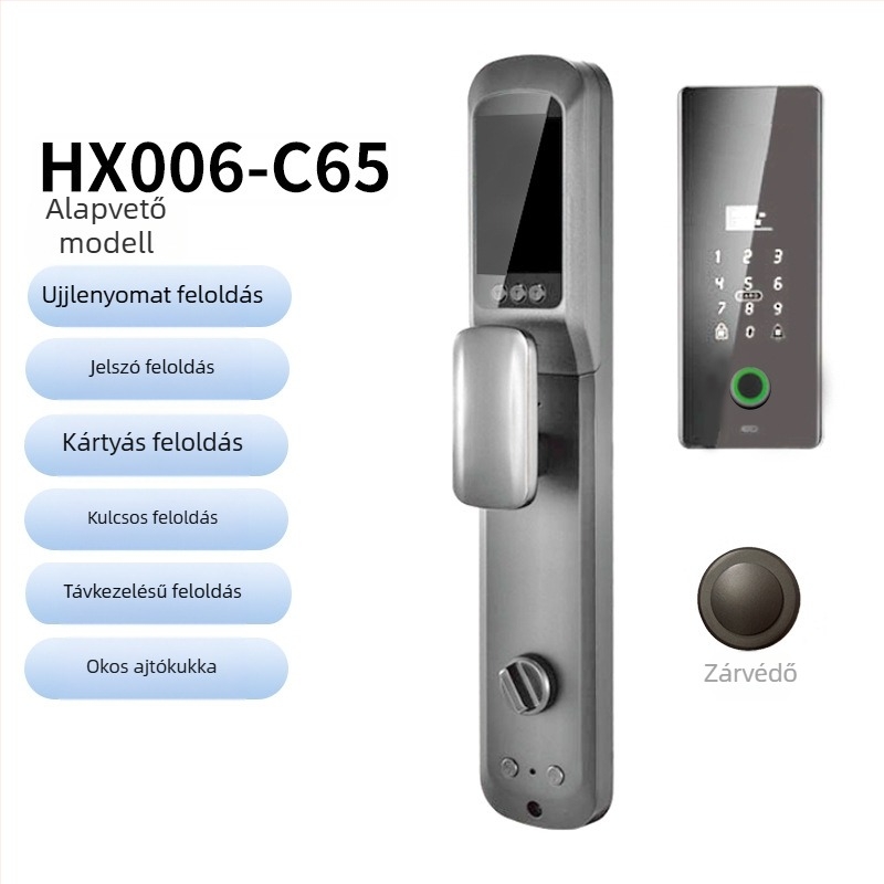 Intelligens biometrikus ajtózár arcfelismeréssel és ujjlenyomat-olvasóval, vízálló, távoli feloldás, ujjlenyomat-tárolás 100, >100000 feloldás, szkennelési idő <0.5 s, hamis felismerés <0.001%, DC tápegység