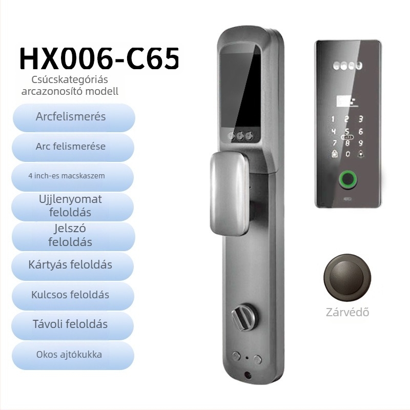 Intelligens biometrikus ajtózár arcfelismeréssel és ujjlenyomat-olvasóval, vízálló, távoli feloldás, ujjlenyomat-tárolás 100, >100000 feloldás, szkennelési idő <0.5 s, hamis felismerés <0.001%, DC tápegység