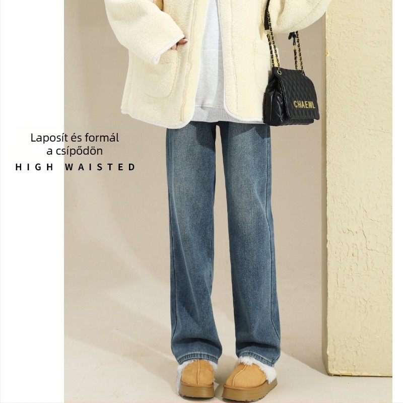 Fleece-béléssel bélelt női farmer, egyenes szabású, magas derék, pamut denim, őszi 2025