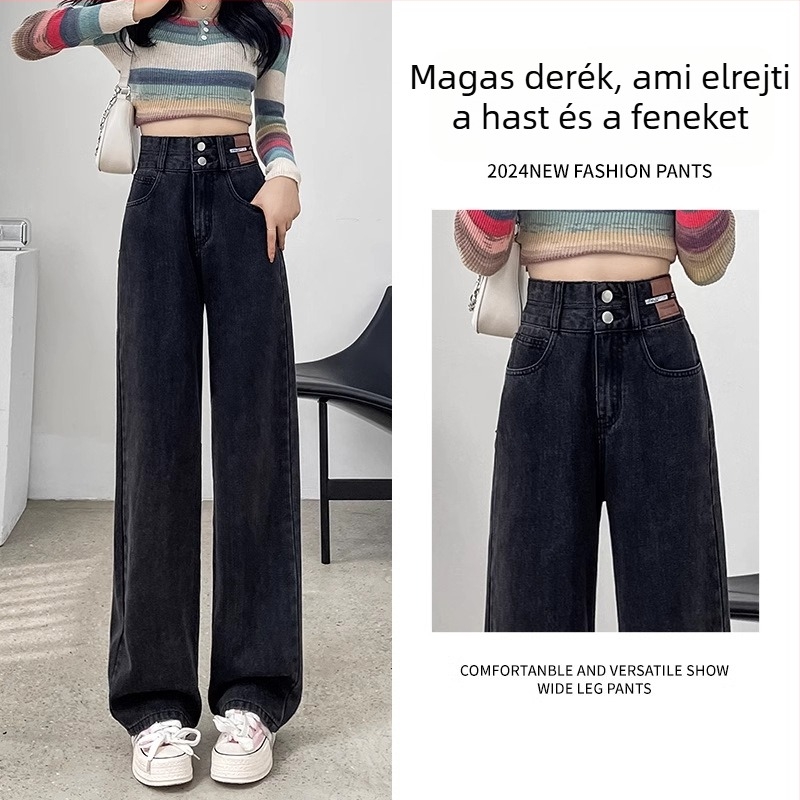Fleece-béléssel bélelt női farmer, egyenes szabású, magas derék, pamut denim, őszi 2025
