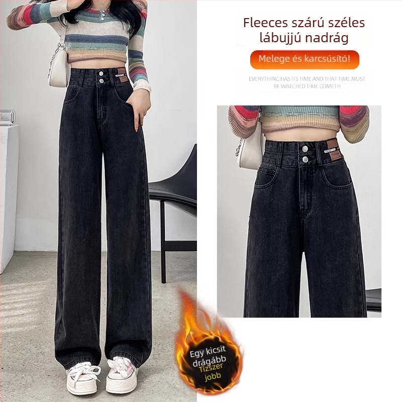 Fleece-béléssel bélelt női farmer, egyenes szabású, magas derék, pamut denim, őszi 2025