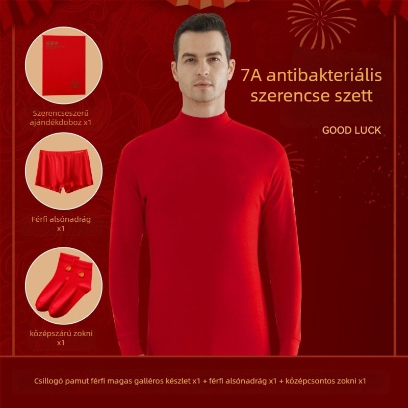 Férfi termikus alsó-felső készlet, 100% pamut, antibakteriális, háromrétegű, extrán vastag 501–600 g/m², hosszú ujjú felső, egylinés gallér, nadrágokkal együtt