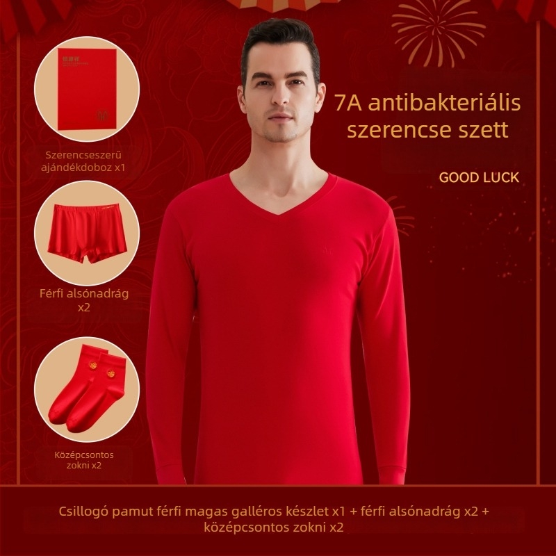 Férfi termikus alsó-felső készlet, 100% pamut, antibakteriális, háromrétegű, extrán vastag 501–600 g/m², hosszú ujjú felső, egylinés gallér, nadrágokkal együtt
