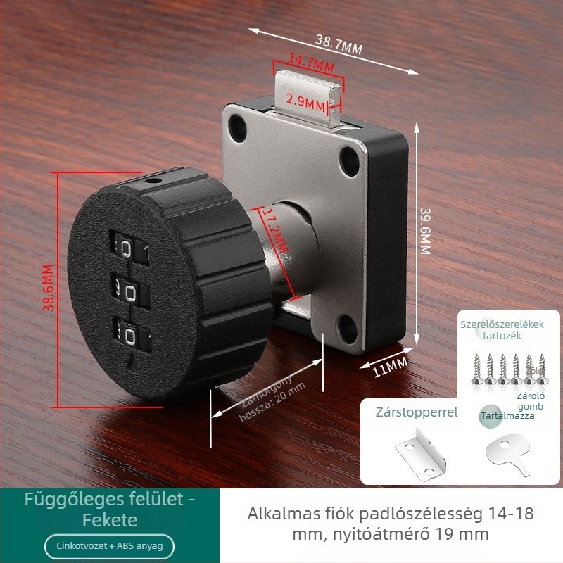 Fiókok és szekrények jelszavas zár — anyag: cinkötvözet + ABS; modell: jelszavas zár; alkalmazás: fiókok, szekrények, tárolók, iratszekrények; típus: számkód; nyitás: jelszó