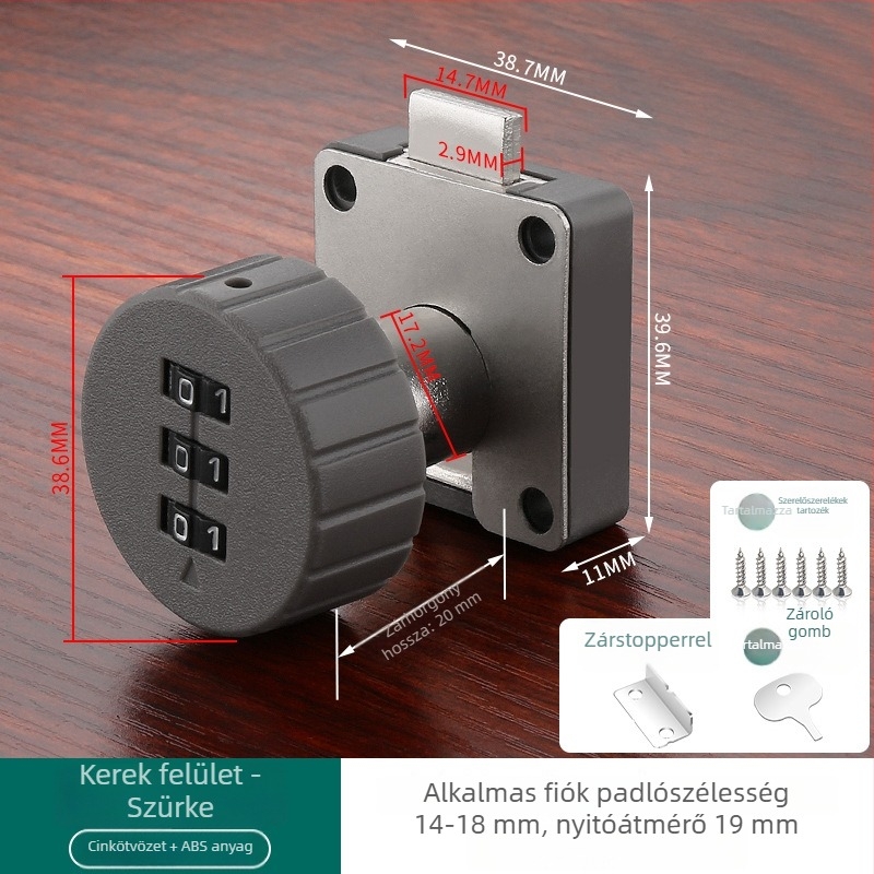 Fiókok és szekrények jelszavas zár — anyag: cinkötvözet + ABS; modell: jelszavas zár; alkalmazás: fiókok, szekrények, tárolók, iratszekrények; típus: számkód; nyitás: jelszó