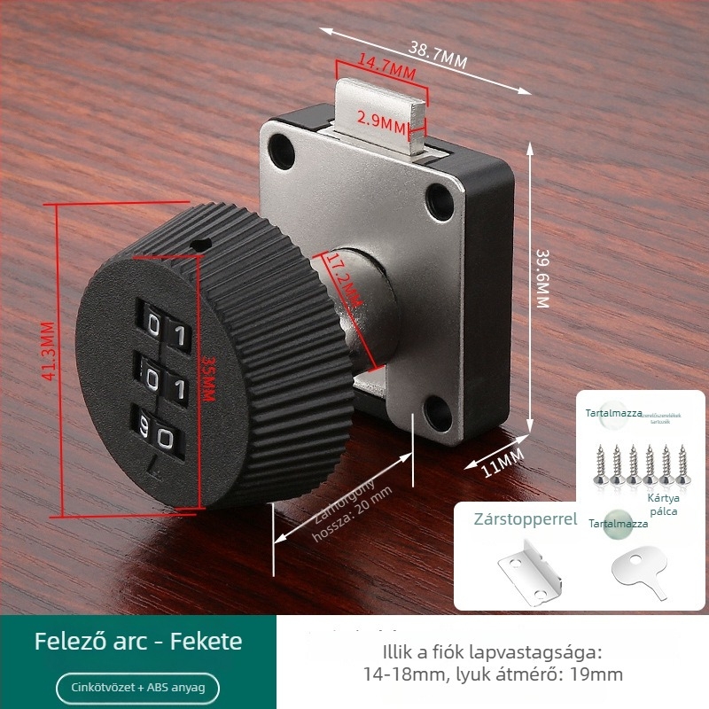 Fiókok és szekrények jelszavas zár — anyag: cinkötvözet + ABS; modell: jelszavas zár; alkalmazás: fiókok, szekrények, tárolók, iratszekrények; típus: számkód; nyitás: jelszó
