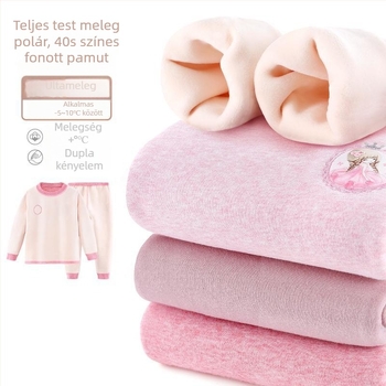 Lányok téli termo alsóruha szett, 2026 őszi–téli, pamutból fleece béléssel, felső és alsó rész, 3–8 éveseknek