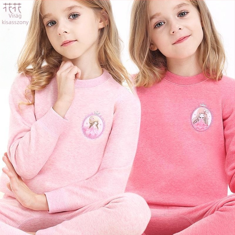 Lányok téli termo alsóruha szett, 2026 őszi–téli, pamutból fleece béléssel, felső és alsó rész, 3–8 éveseknek