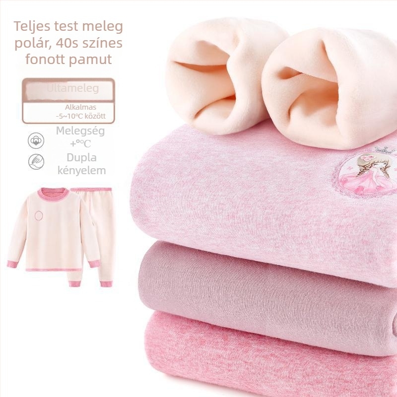 Lányok téli termo alsóruha szett, 2026 őszi–téli, pamutból fleece béléssel, felső és alsó rész, 3–8 éveseknek