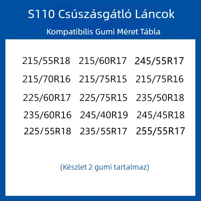 Gumi csúszásgátló kerékcsík autókhoz, SUV-khez és kisbuszokhoz — univerzális, körülbelül 4 kg, telepítés támogatott, illeszkedik 205/55R16, 235/55R18, 225/65R17 méretekhez