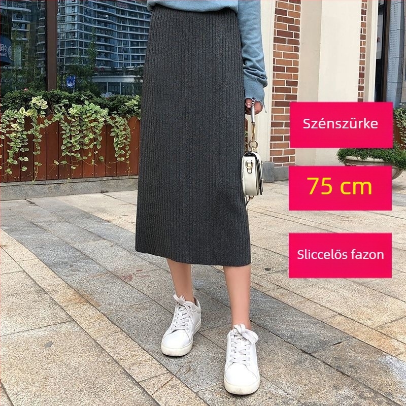 Plusz méretű vastag kötött gyapjú hosszú szoknya, magas derekú, egyenes szabású, tavasz–ősz