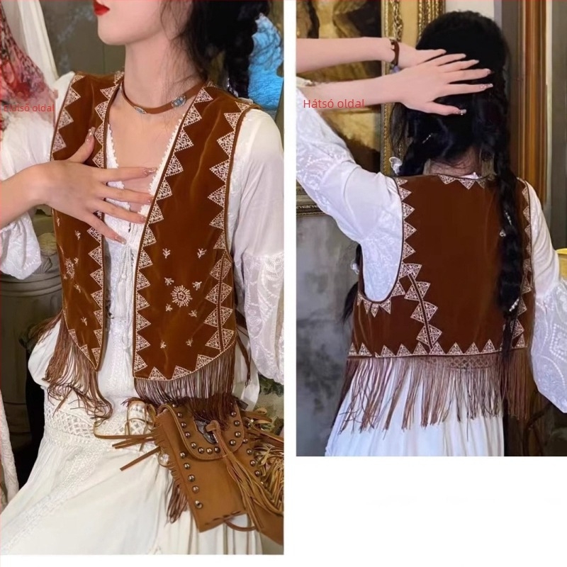 Etno-vintage mellény rojtos hímzéssel, suede anyagból, geometrikus mintával, gallér nélkül, szűk fazon