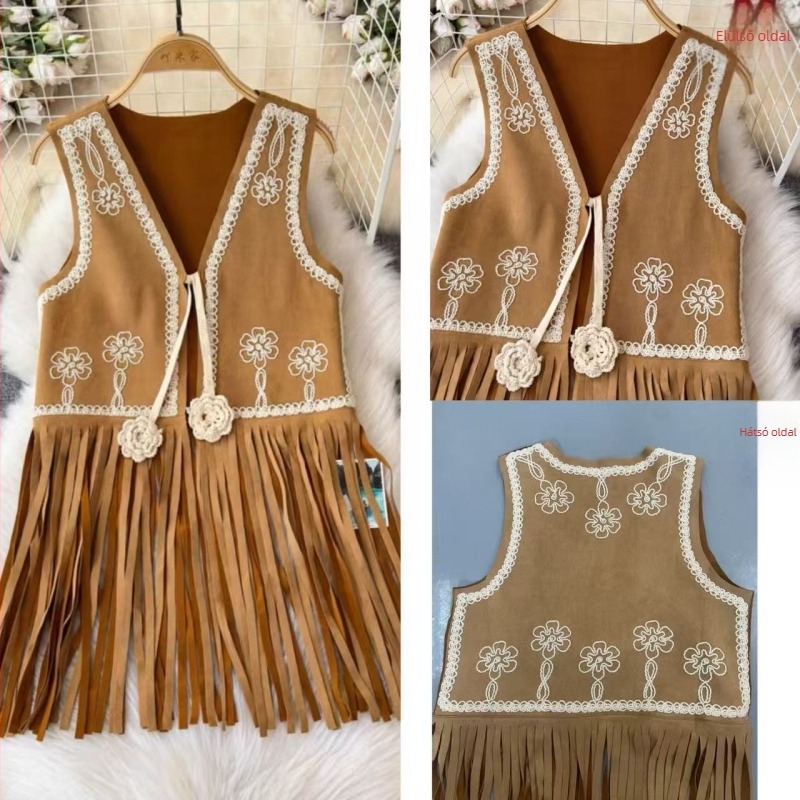 Etno-vintage mellény rojtos hímzéssel, suede anyagból, geometrikus mintával, gallér nélkül, szűk fazon