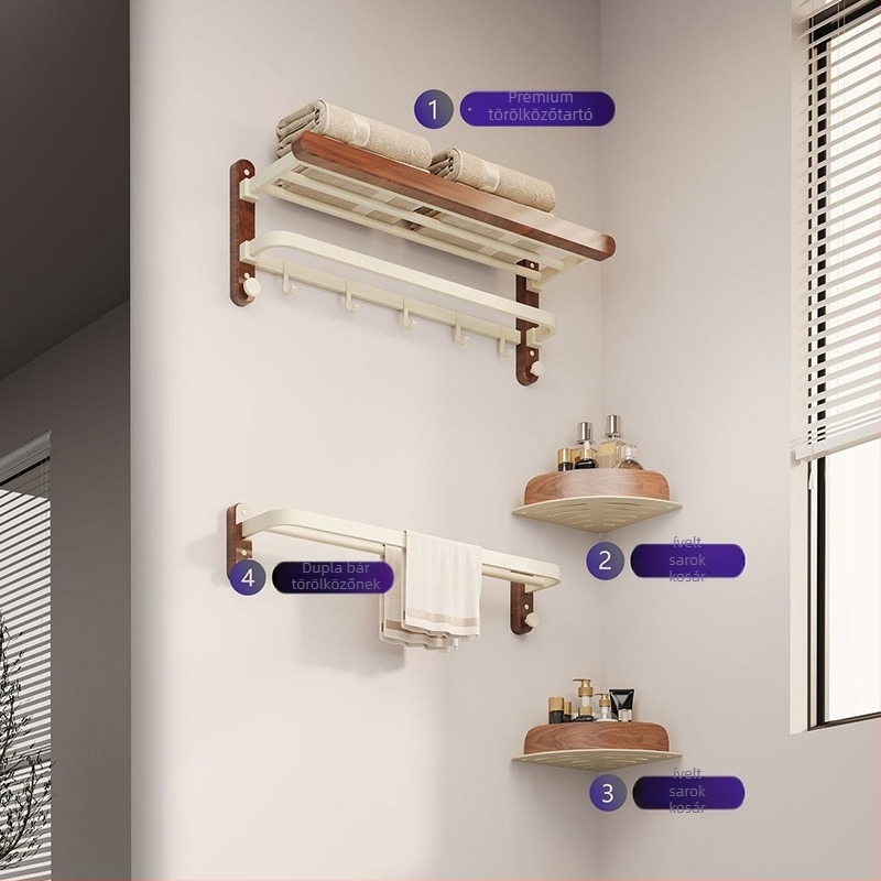 Diófa fürdőszobai törölközőtartó – integrált függő polc, spray műanyag felület, modern minimalist stílus, hat darabból álló készlet, modell YSTZ0307-1