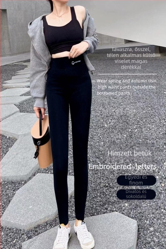 Női pamut-elasztán cropped leggings, magas derekú, fleece-béléssel, karcsú fazon, ősz-tavaszra