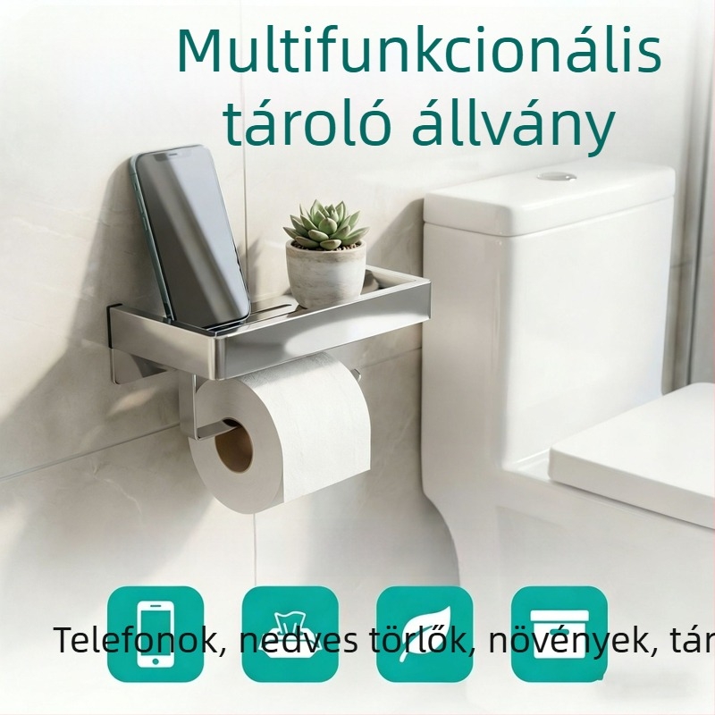 Fali fürdőszobai tároló papír- és telefontartóval; 304 rozsdamentes acél, polírozott felület, téglalap alakú.