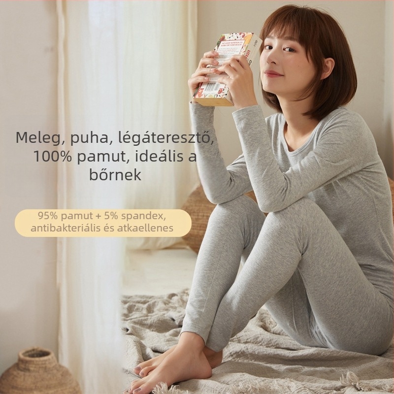 Női pamut termikus alsónemű készlet, antibakteriális, egyszínű, hosszú ujjú felső és nadrág, alapréteg