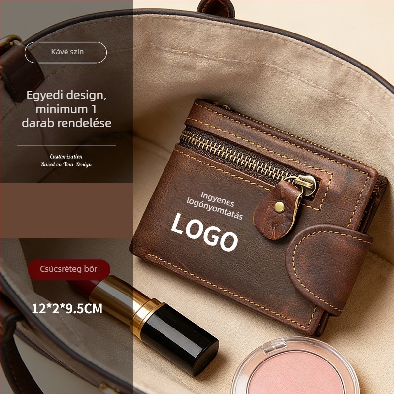 Valódi bőrből készült kártyatartó, két hajtással, európai–amerikai vintage stílus, lopás elleni védelem