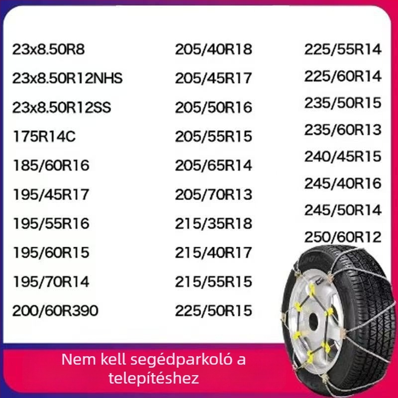 Universális acélhuzalos csúszásgátló lánc autókhoz és SUV-khoz, 165–265 mm kerékmérethez, tömeg 5–10 kg, acélból