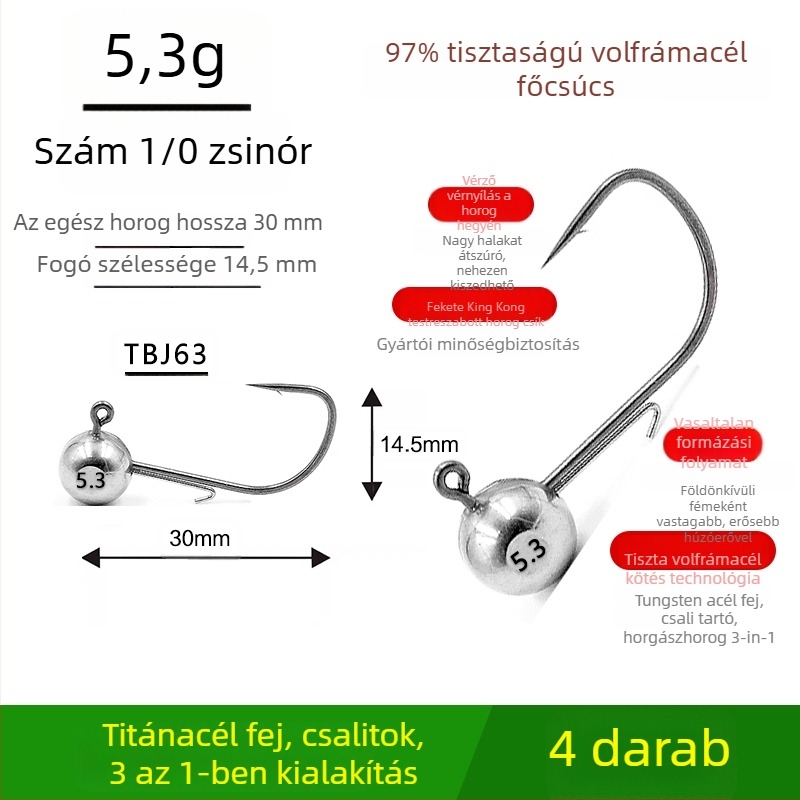Volfrámozott acél fejű horgászhorog, horog nélkül, fekete sügérhez, anti-akadályozó, tó- és tavai horgászathoz