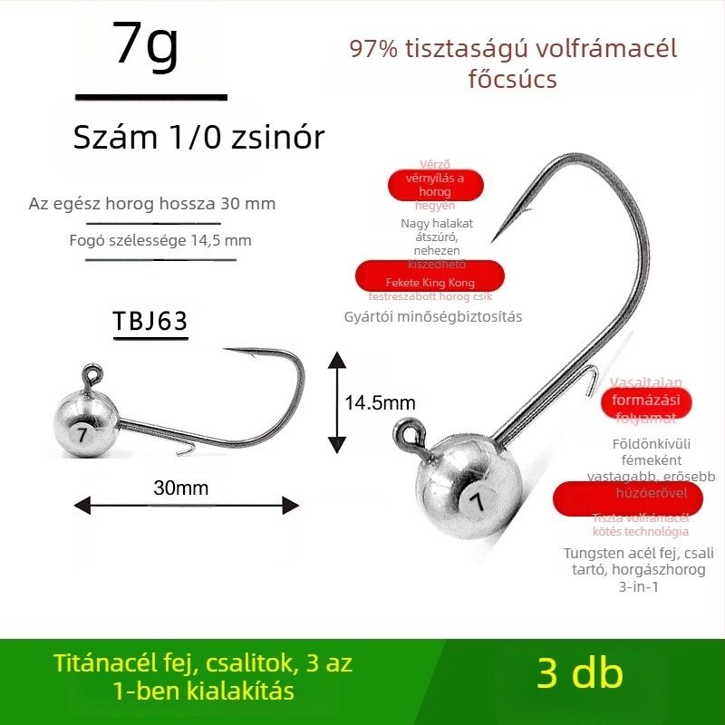 Volfrámozott acél fejű horgászhorog, horog nélkül, fekete sügérhez, anti-akadályozó, tó- és tavai horgászathoz