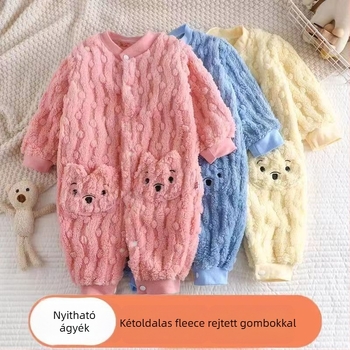 Gyerekeknek készült egyben tartott pizsama fleece béléssel, gombos zárás, őszi–téli, 1–3 évesek, poliészter