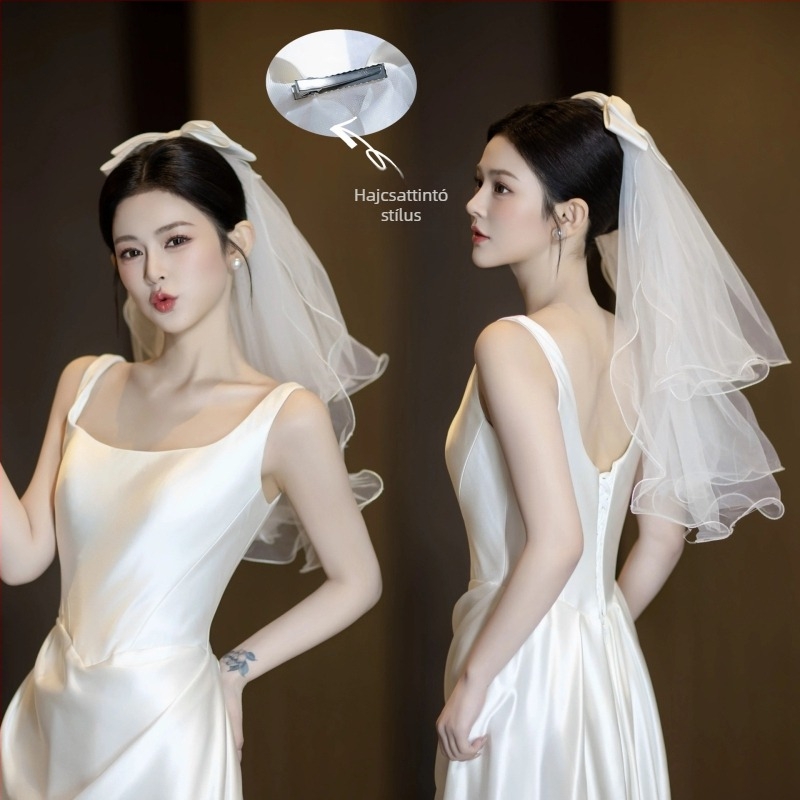 Menyasszonyi hálóanyagból készült fátyol fejfedő, egyszerű nőies stílus, kétszínes masni alakú kialakítás