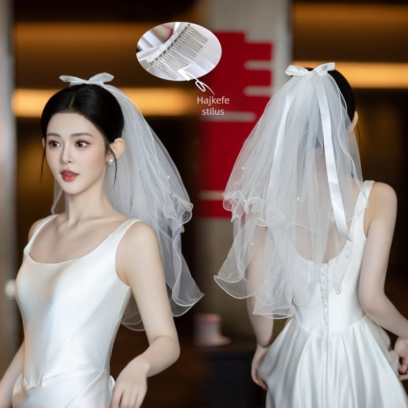 Menyasszonyi hálóanyagból készült fátyol fejfedő, egyszerű nőies stílus, kétszínes masni alakú kialakítás