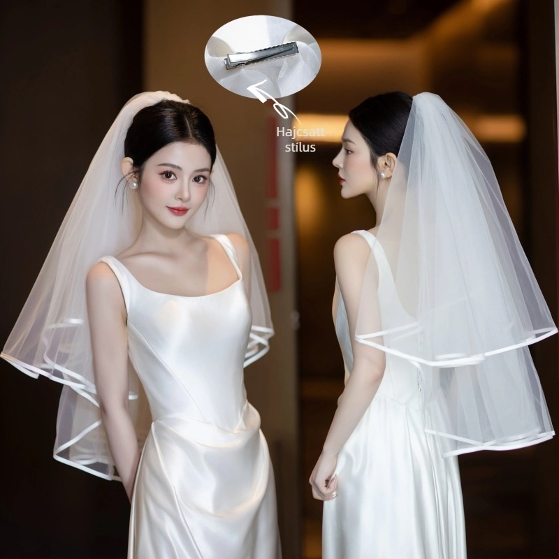 Menyasszonyi hálóanyagból készült fátyol fejfedő, egyszerű nőies stílus, kétszínes masni alakú kialakítás