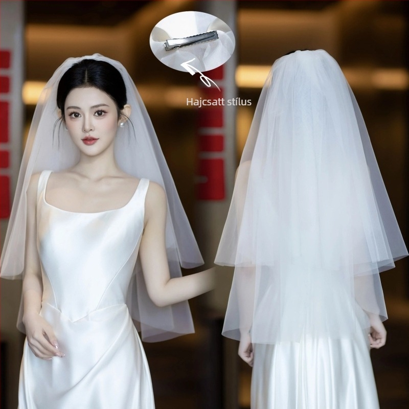 Menyasszonyi hálóanyagból készült fátyol fejfedő, egyszerű nőies stílus, kétszínes masni alakú kialakítás