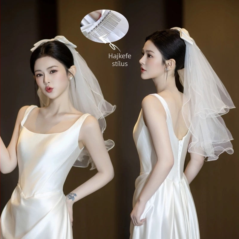 Menyasszonyi hálóanyagból készült fátyol fejfedő, egyszerű nőies stílus, kétszínes masni alakú kialakítás