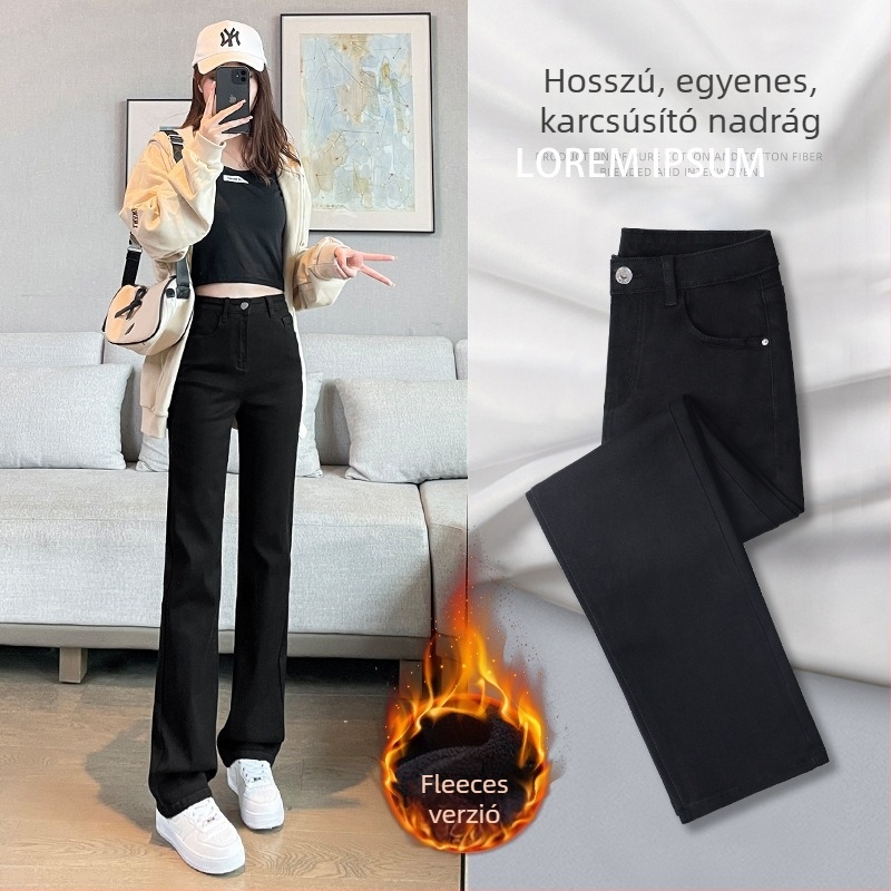 Fleece béléssel ellátott női farmer, magas derekú, vast anyag, egyenes szabás, nagy rugalmasság