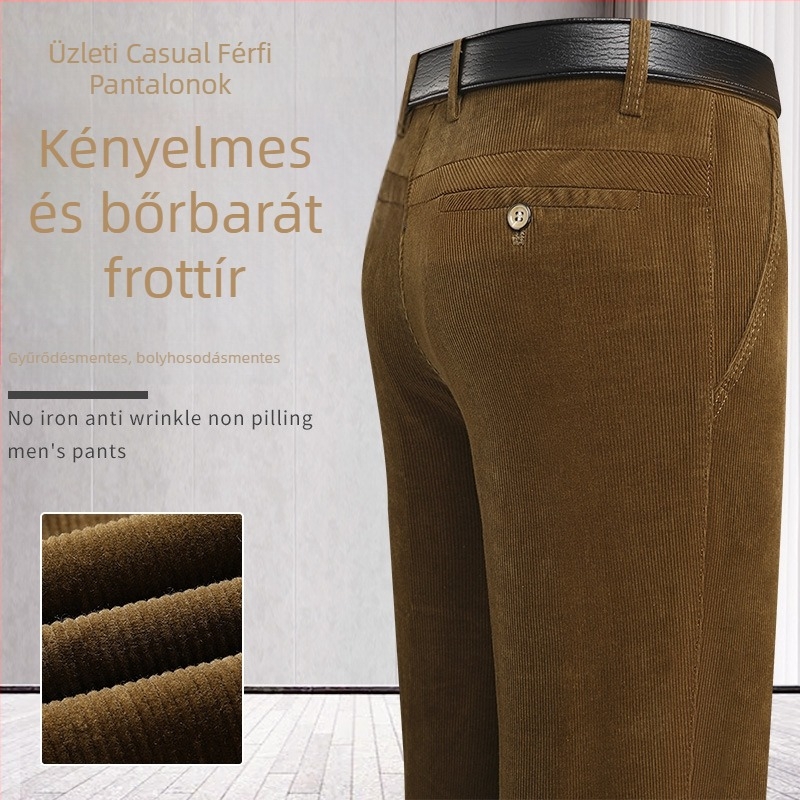Corduroy férfi nadrág, tapered szabás, fleece-belelés, vastag anyag, magas derekú (középkorú férfiak számára)