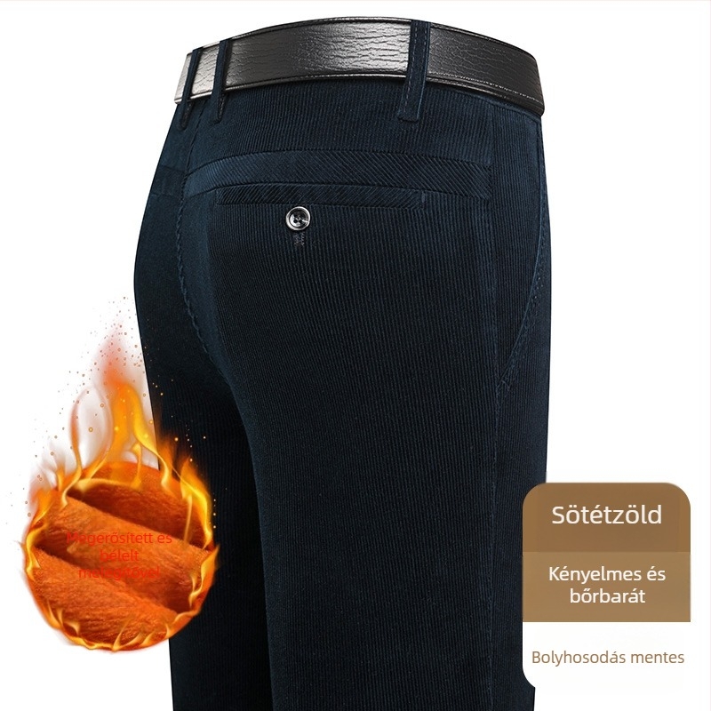 Corduroy férfi nadrág, tapered szabás, fleece-belelés, vastag anyag, magas derekú (középkorú férfiak számára)